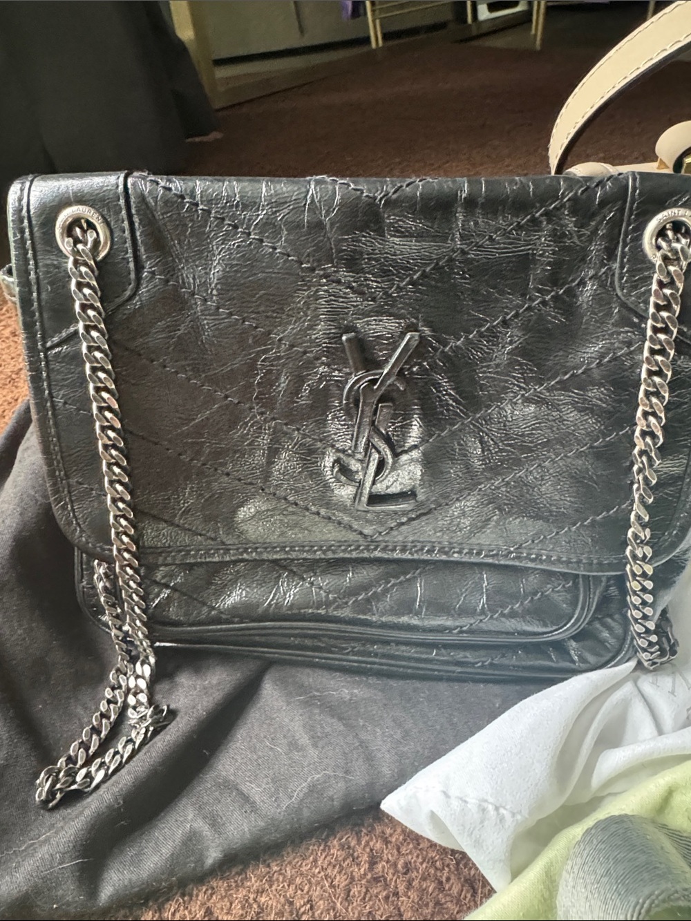 Yves Saint Laurent Black Crinkled Leather Chain Shoulder Bag